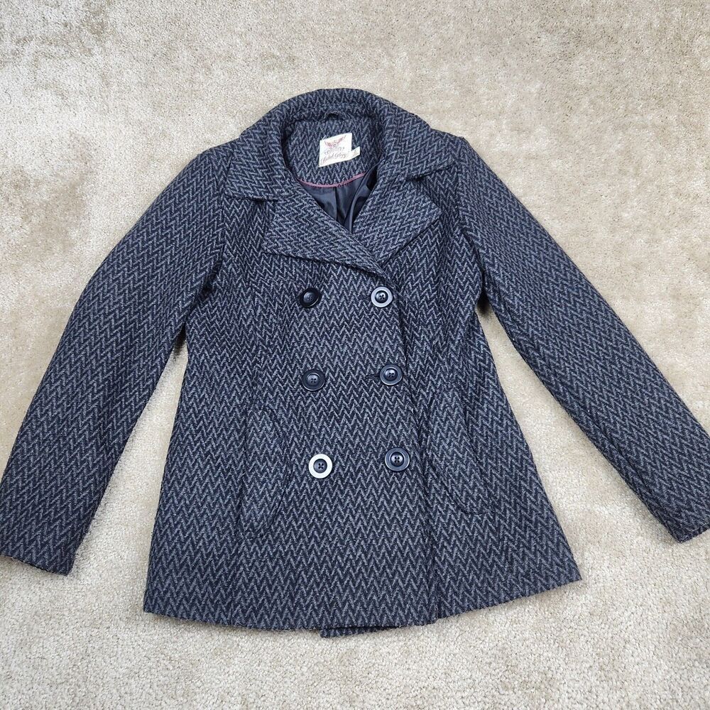Faded Glory Womens XS Gray Lined Pea Coat Double Breasted Wool Blend